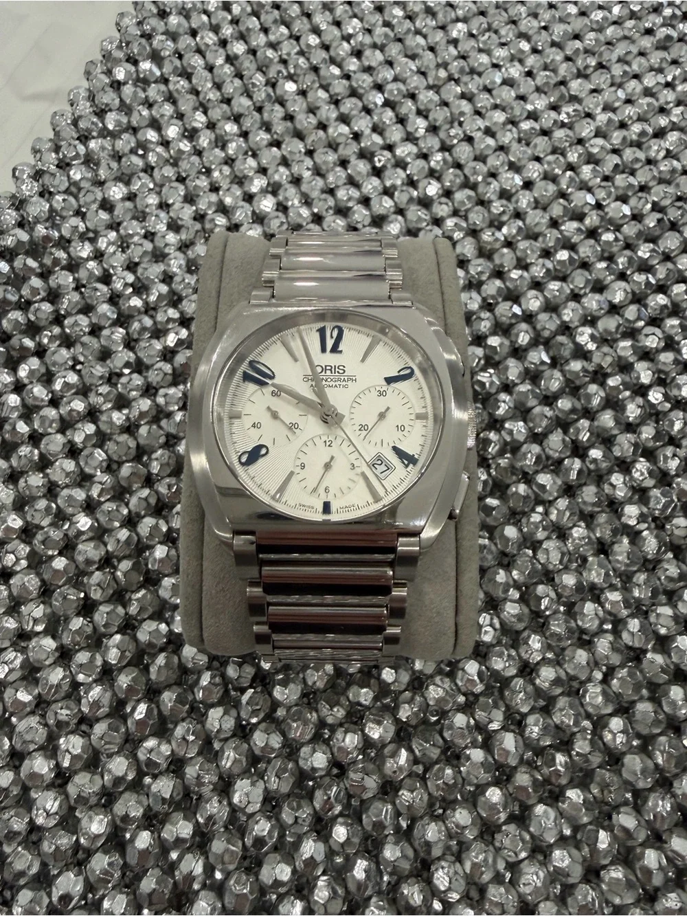 Oris Silver and Blue Automatic Chronograph Wristwatch